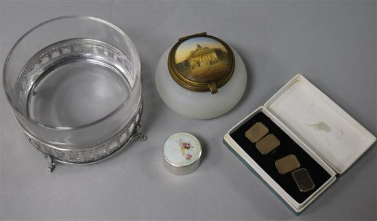 A silver and enamel pill box, a silver mounted glass dish, a pair of cufflinks and a French glass pot with painted lid.